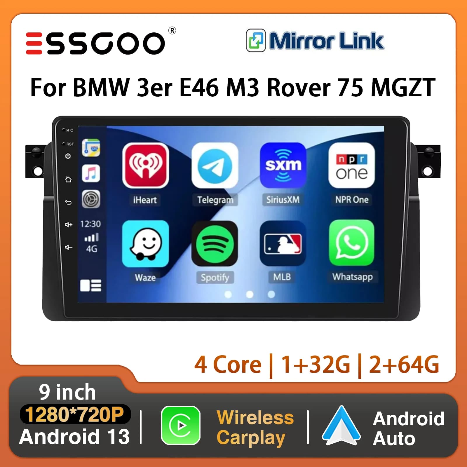 ESSGOO 9 "Display 2 DIN Per BMW E46 M3 Rover 75 MG ZT Auto Stereo Radio GPS Navi Wifi Android 13 Carplay Lettore Video Multimediale