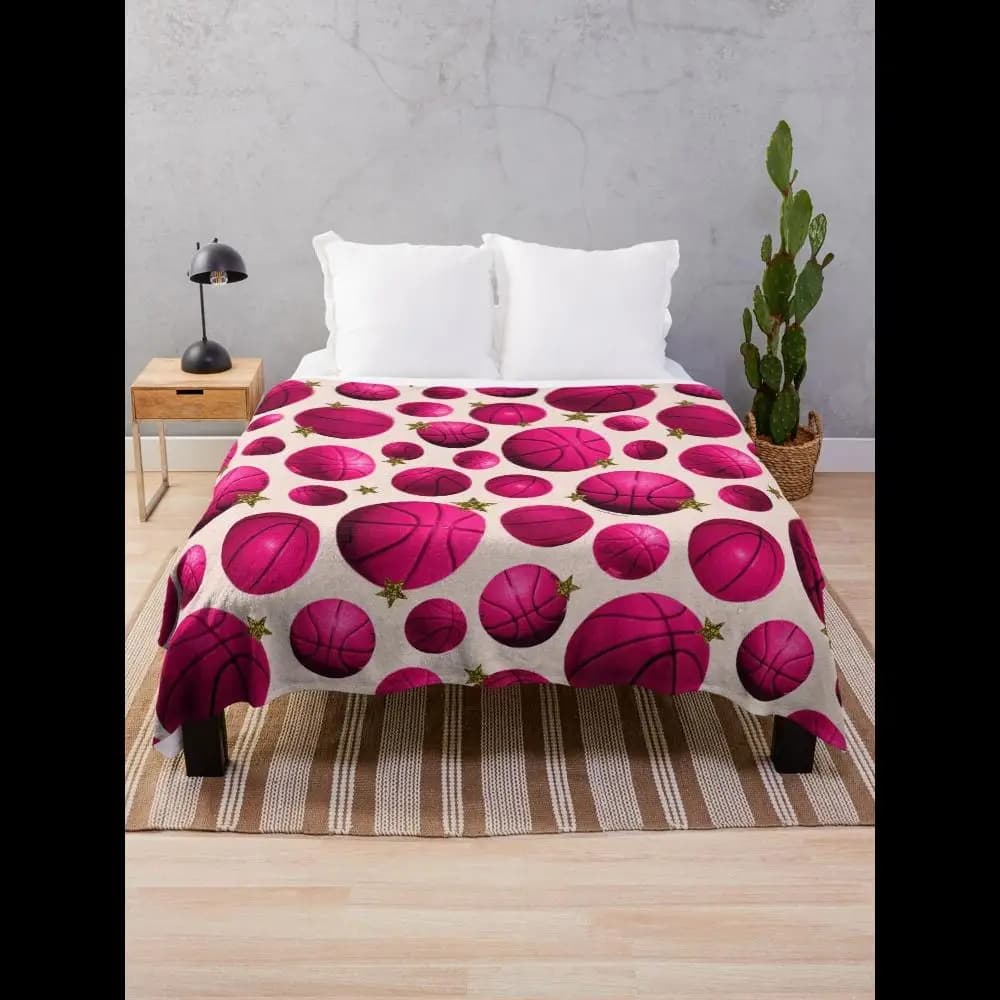 Coperta con stampa collage di pallacanestro in rosa, materiale in morbido pile accogliente per divano o letto, idea regalo perfetta per gli appassionati di sport