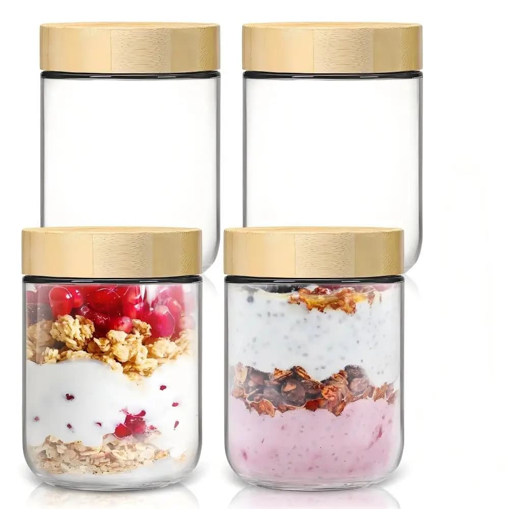 Set di 4 Contenitori in Vetro da 16oz per Overnight Oats con Coperchi in Bambù, Barattoli Ermetici per Preparazione Pasti, Contenitori Mason a Bocca Larga per Insalata