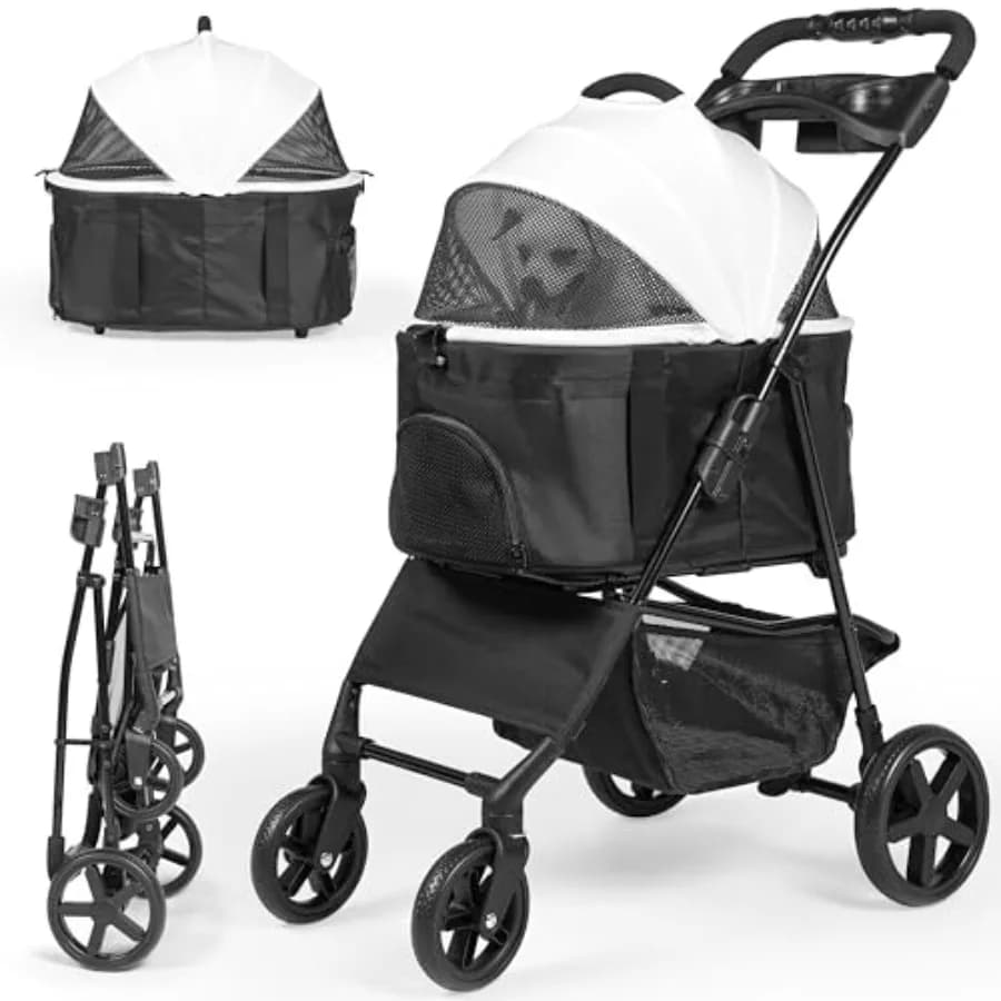 Passeggino Pieghevole 3-in-1 per Animali Domestici da Viaggio, Telaio Leggero in Alluminio, Nero, Trasportino Rimovibile con Blocco di Sicurezza e Cestino Portaoggetti