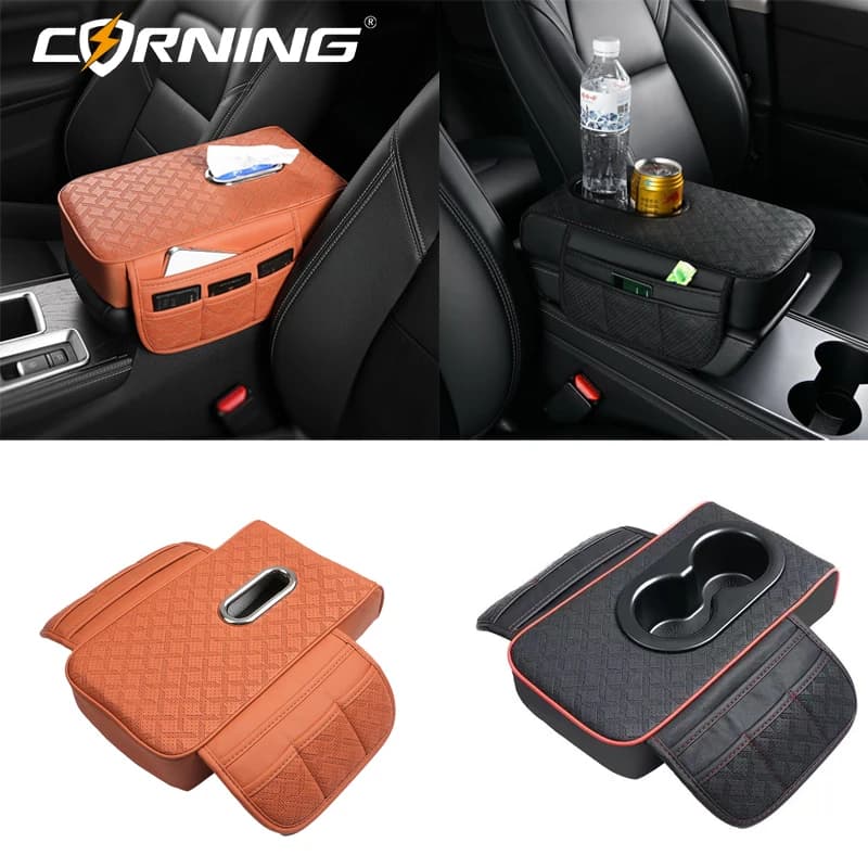 Cuscino per bracciolo in pelle PU spessa con borsa portaoggetti, portabicchieri, slot per telefono, porta fazzoletti, supporto per gomito in memory foam, adatto per auto