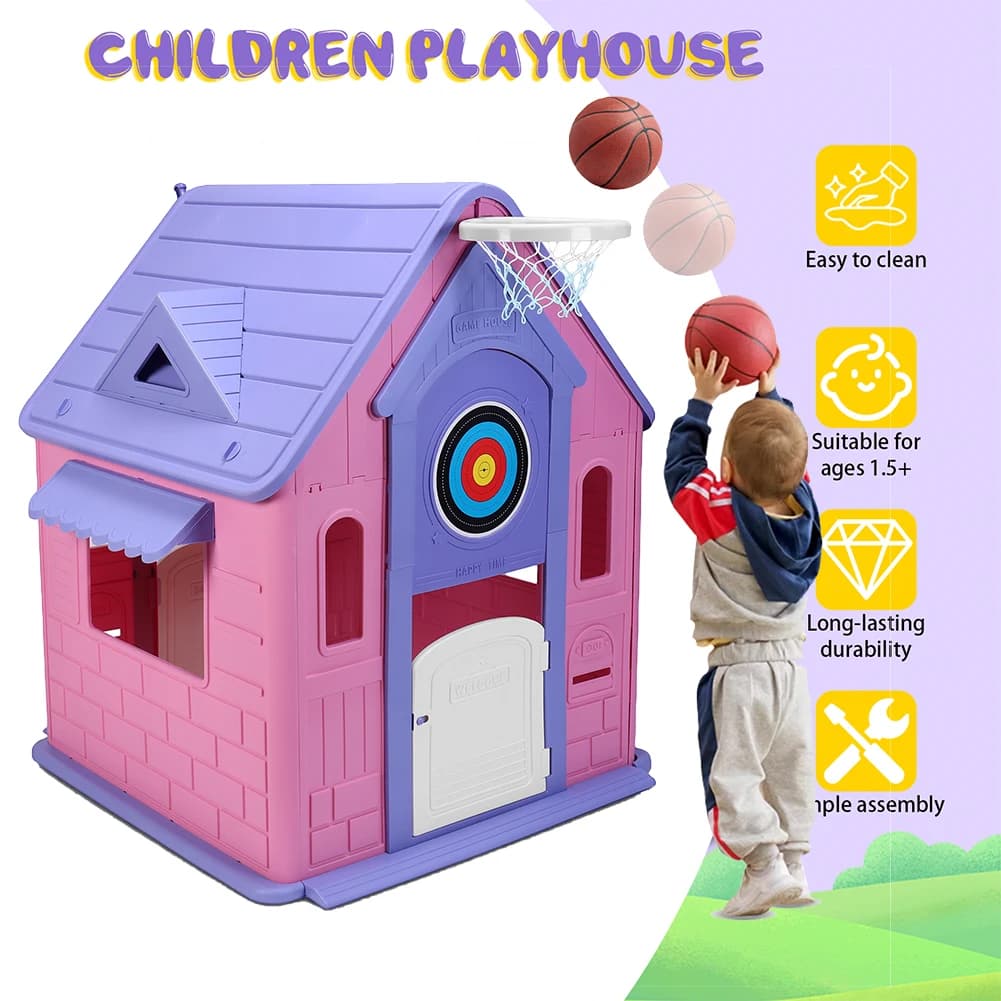 Casetta da gioco per bambini con canestro da basket e bersaglio per freccette, per giochi da giardino (rosa chiaro)