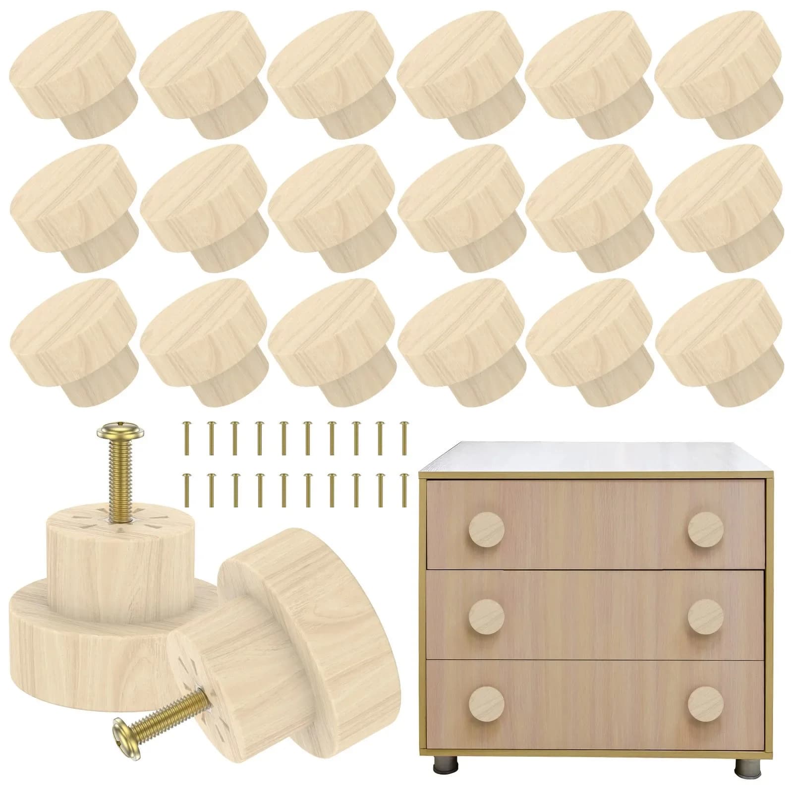 Set di 20 pomelli in legno per cassetti, maniglie piatte rotonde da 35 mm per mobili, ante e armadi