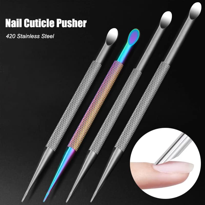 Spingipelle per unghie a doppia testa Bastoncini in acciaio inossidabile Rimozione della pelle morta Pala smussata Strumento per penna per manicure per lucidatura di gel per unghie