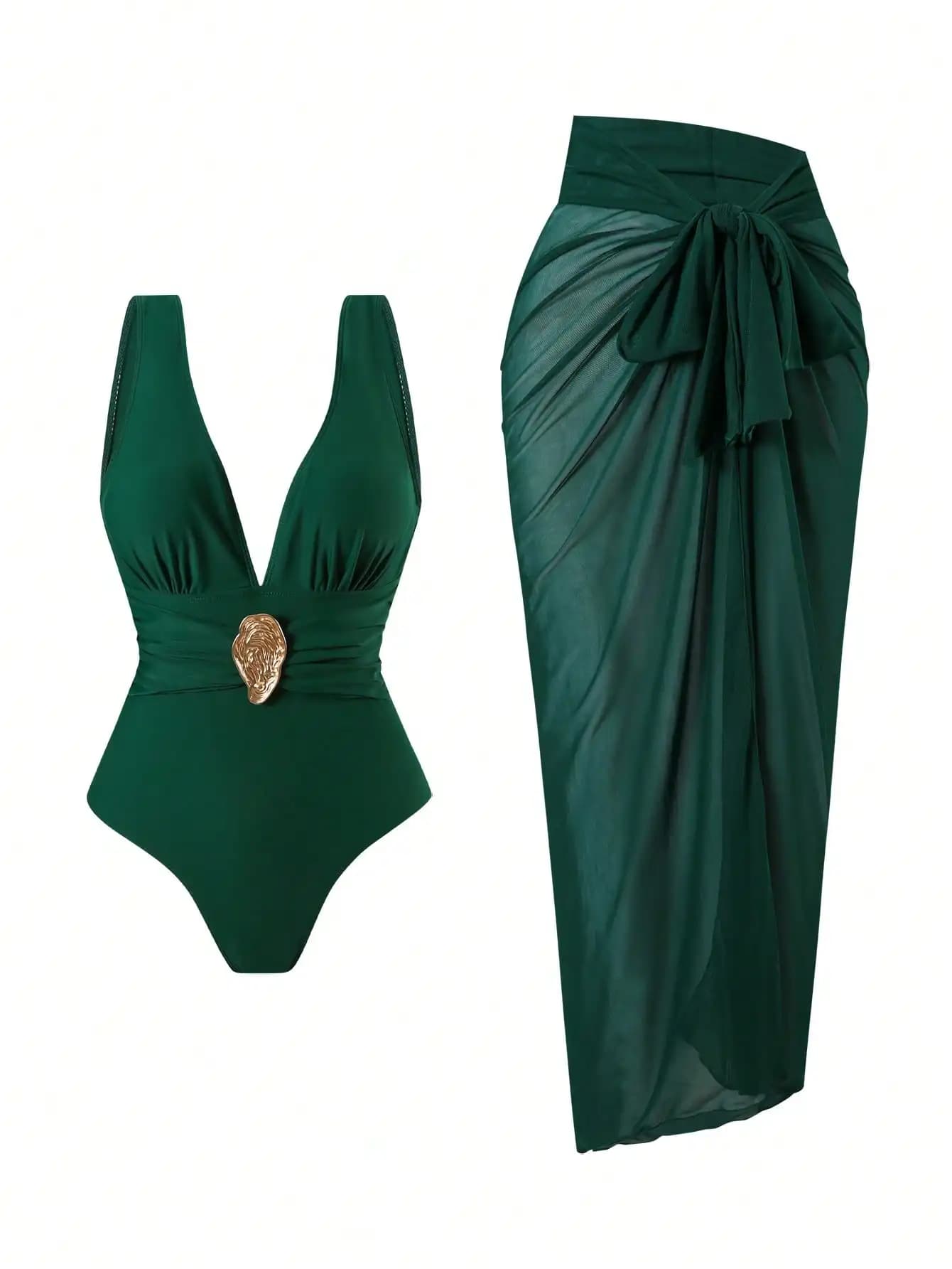 Costume da bagno intero verde smeraldo con gonna a fascia trasparente, set da spiaggia per donna, per le vacanze estive