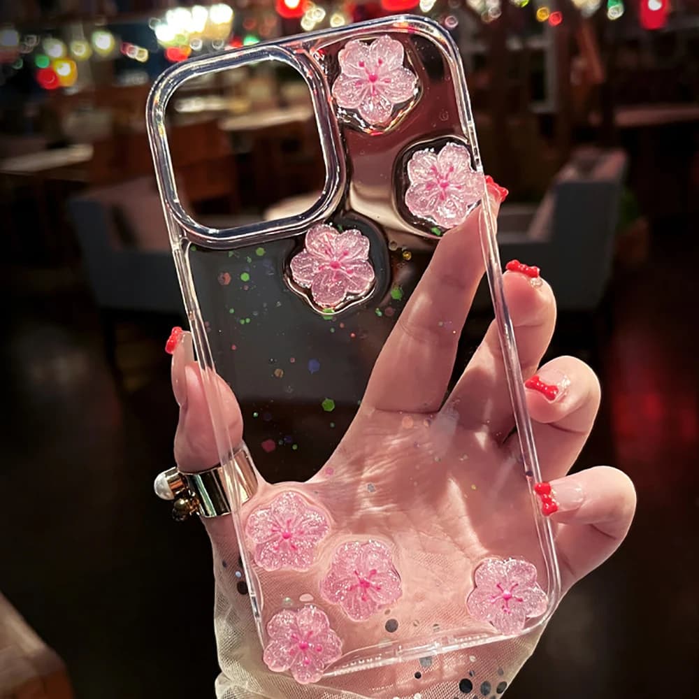 Custodia per telefono con fiori rosa 3D e brillantini a forma di ciliegio per iPhone 17 Pro Max Air 16 15 13 12 11 14 Plus, cover trasparente