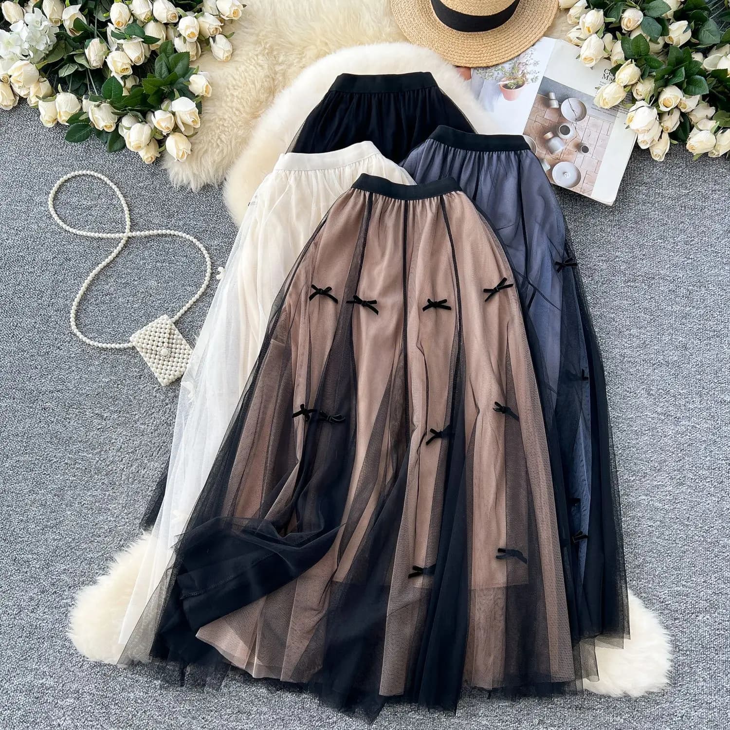 Gonne longuette eleganti a trapezio con fiocco in rete autunno inverno Gonne in tulle a vita alta moda stile coreano da donna