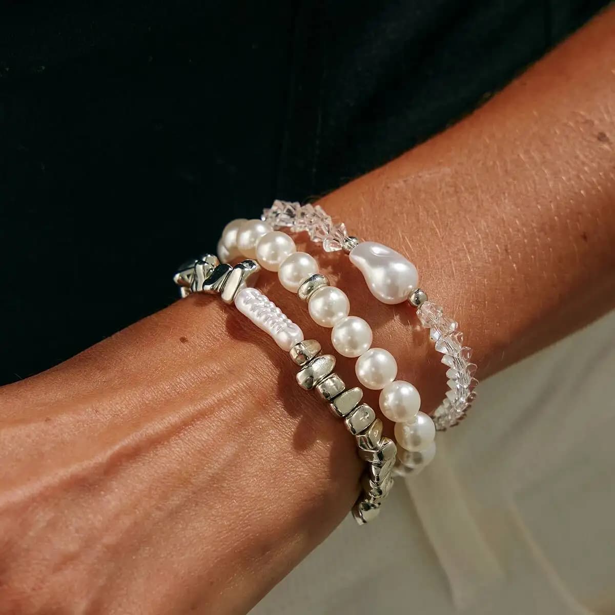 SHIXIN 3 Pz/set Elegante Barocco Imitazione Braccialetti di Perle per Le Donne di Lusso Impilabile Perline di Cristallo Braccialetto A Catena Gioielli Da Sposa