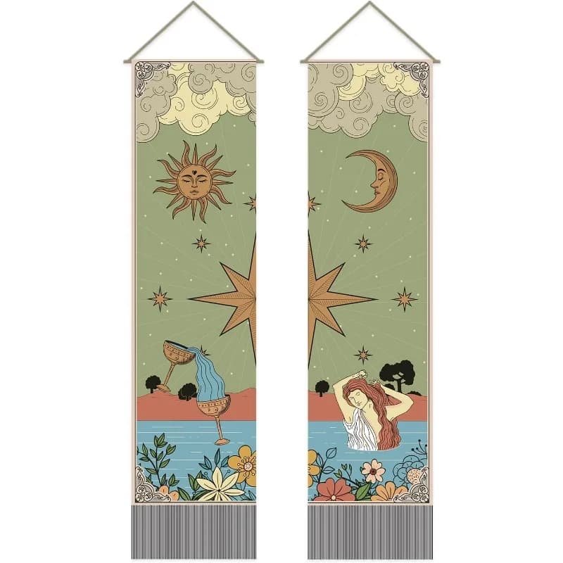 Confezione da 2 arazzi vintage sole e luna, tarocchi, arazzi, temperanza mistica, tarocchi, nappe, arazzi da appendere alla parete