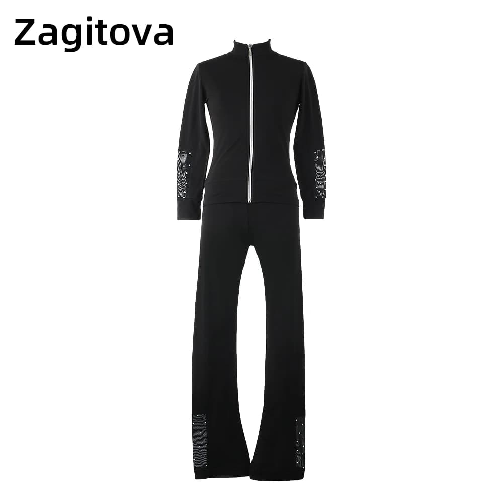 ZAGITOVA Tuta da allenamento per pattinaggio di figura Ragazze Donna Giacca da pattinaggio su ghiaccio Top Pantaloni di velluto spesso nero Mesh Diamond