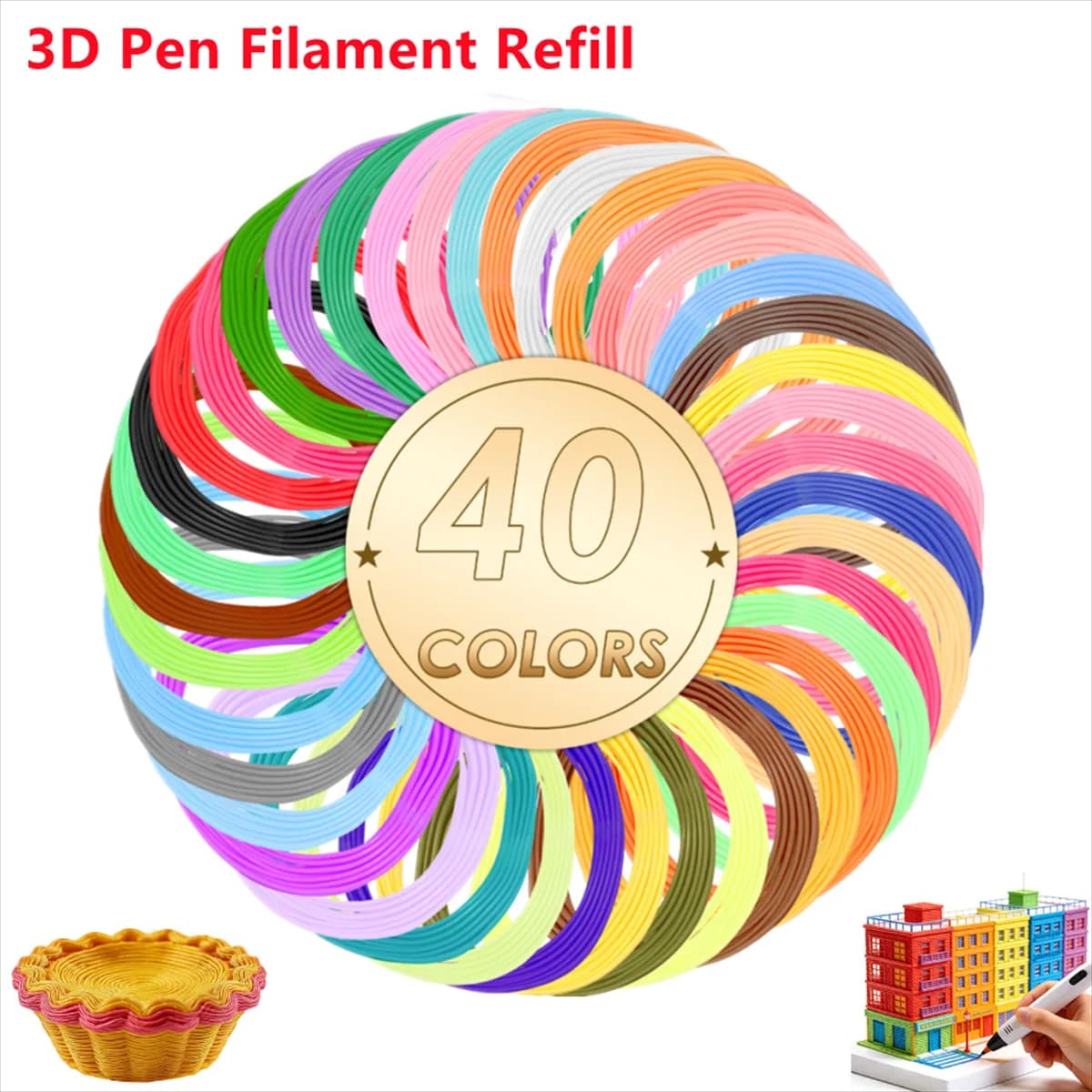 PLA PCL Plastic Filament for 3D Pen, 40 Colors, 5M, Odorless, Safe, Diameter 1.75mm, for 3D Printing