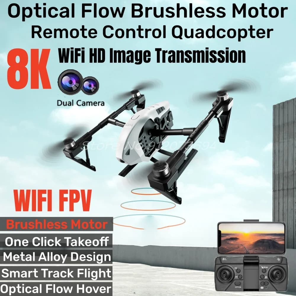 Drone RC con Flusso Ottico, Motore Brushless, WIFI FPV, Doppia Fotocamera 8K, Volo Tracciato, Decollo con Un Tocco, Quadricottero Giocattolo in Lega Metallica con Telecomando