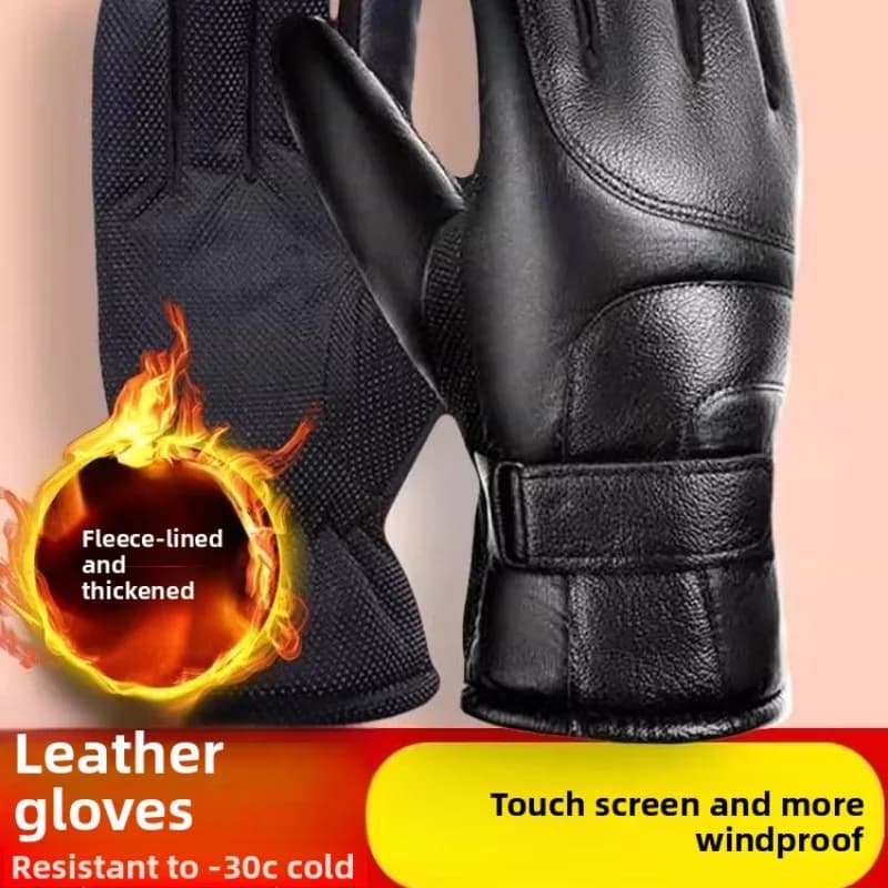 Leather Gloves Men Winter Cycling Fleece Thickened Warm Windproof Waterproof Touch Screen Motorcycle Riding Gloves for Men