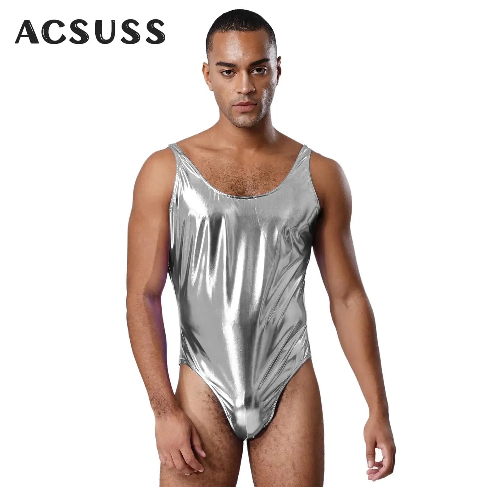 Tuta da uomo metallizzata lucida Costume intero senza maniche Danza Ginnastica Body Body Rave Party Pole Dancing Clubwear