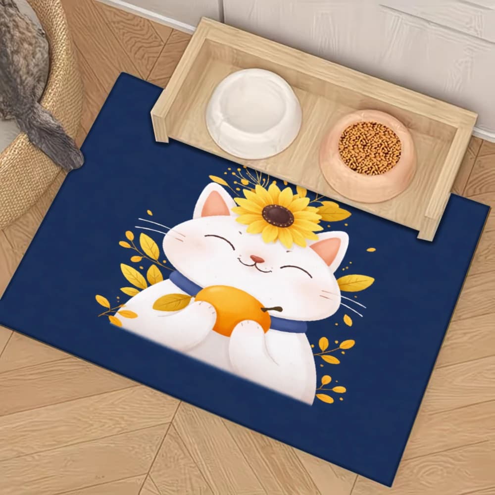 Tappetino antiscivolo per l'alimentazione degli animali domestici con gatto carino, girasole e zucca, accessori per animali domestici, tappetini antispruzzo e antiscivolo per cani e gatti