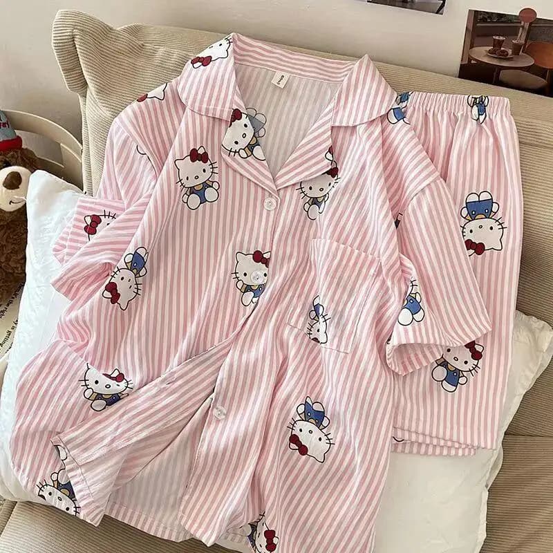 Hello Kittys Pajamas Women's Home Clothes Set Summer Short Sleeve Shorts Girls Pajamas Student Home Clothes Breathable Cartoon