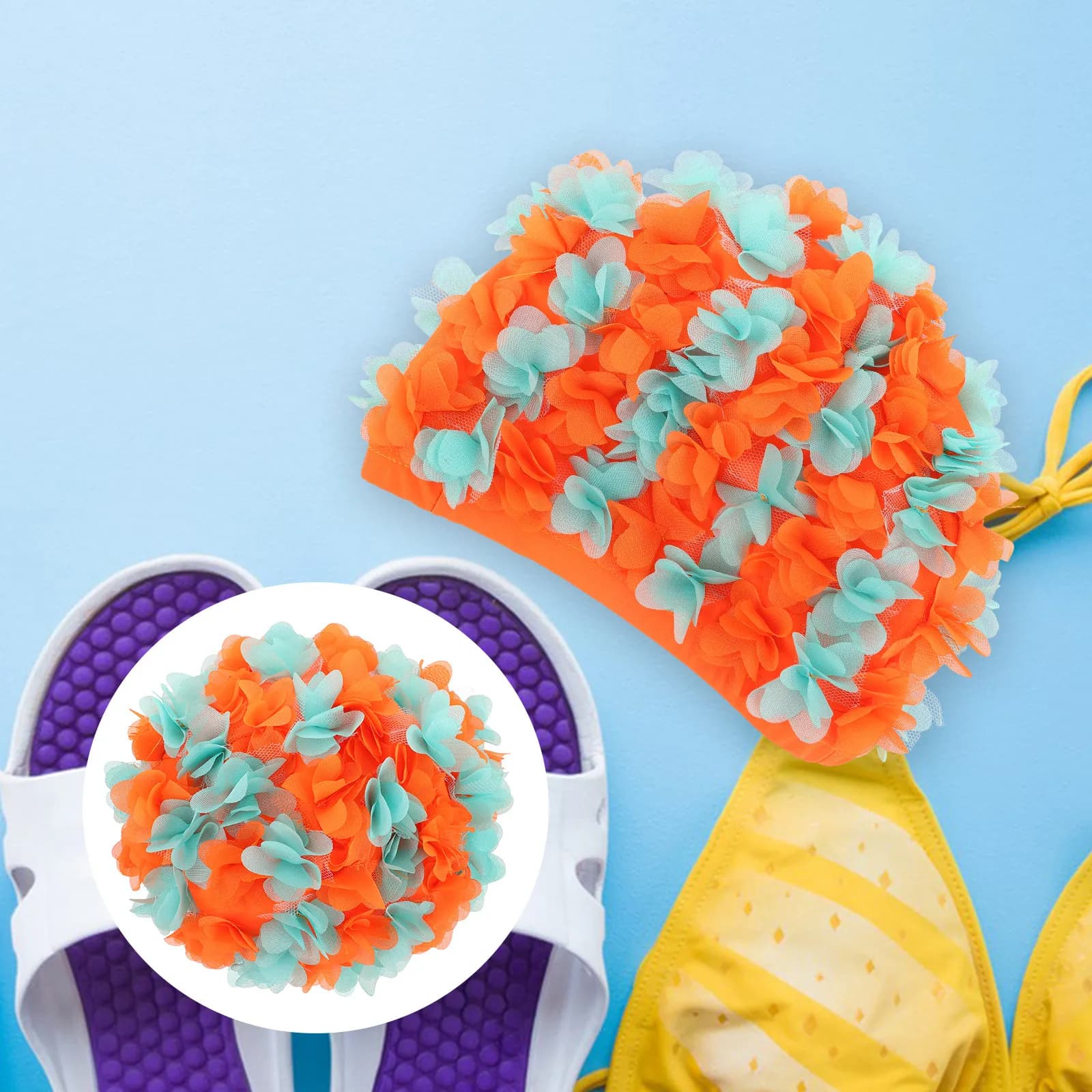 Floral Swimming Head for Women, Nylon Elastic, for Long Hair, Hair Protection, Pool and Beach Accessories