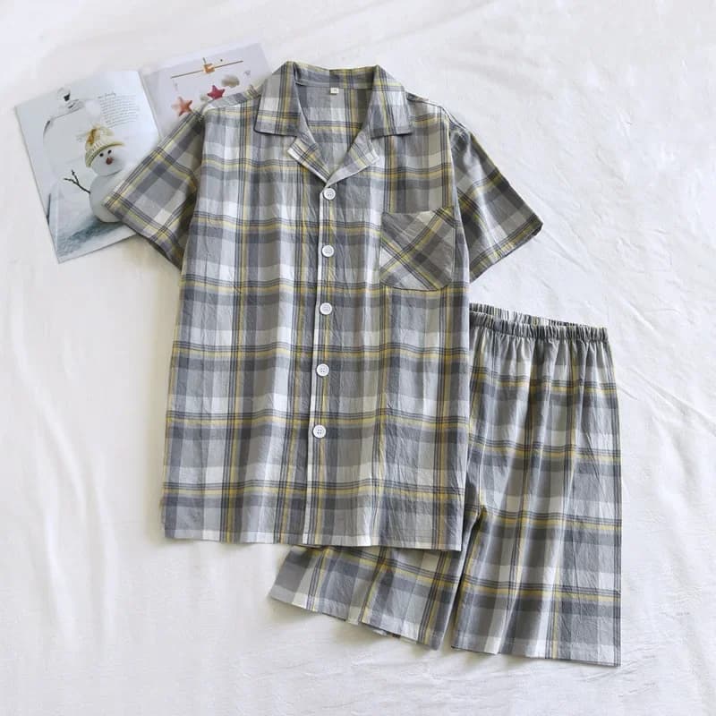 2026 Summer Men's Washed Cotton Pajamas Sets Thin Soft Plaid Short-sleeved 2 Pcs Suit Shorts Japanese Home Service Mens Homewear