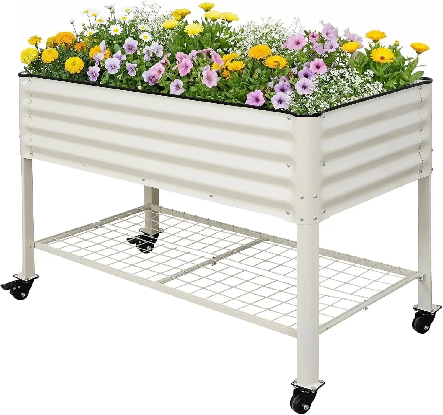 Elevated Metal Raised Garden Bed With Legs And Wheels, Mobile Outdoor Planter Box Stand With Bottom Storage Shelf, Galvanized Steel Planting Container For Vegetables Flowers Herbs Patio Balcony, White