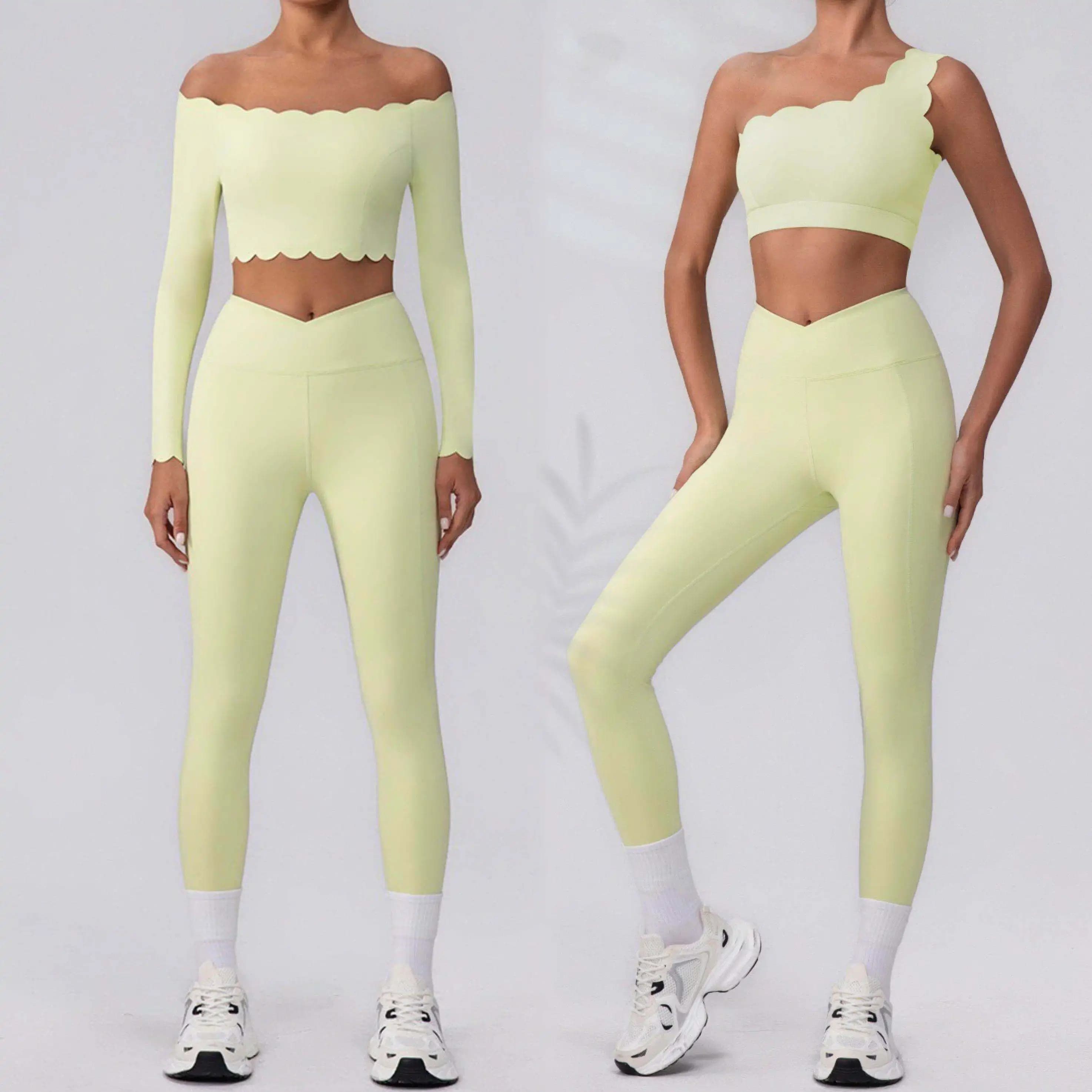 Fitness Clothing Set Wave One Shoulder Long Sleeve Peach Long Pants Yoga Set Women Breathable Moisture Wicking Elastic