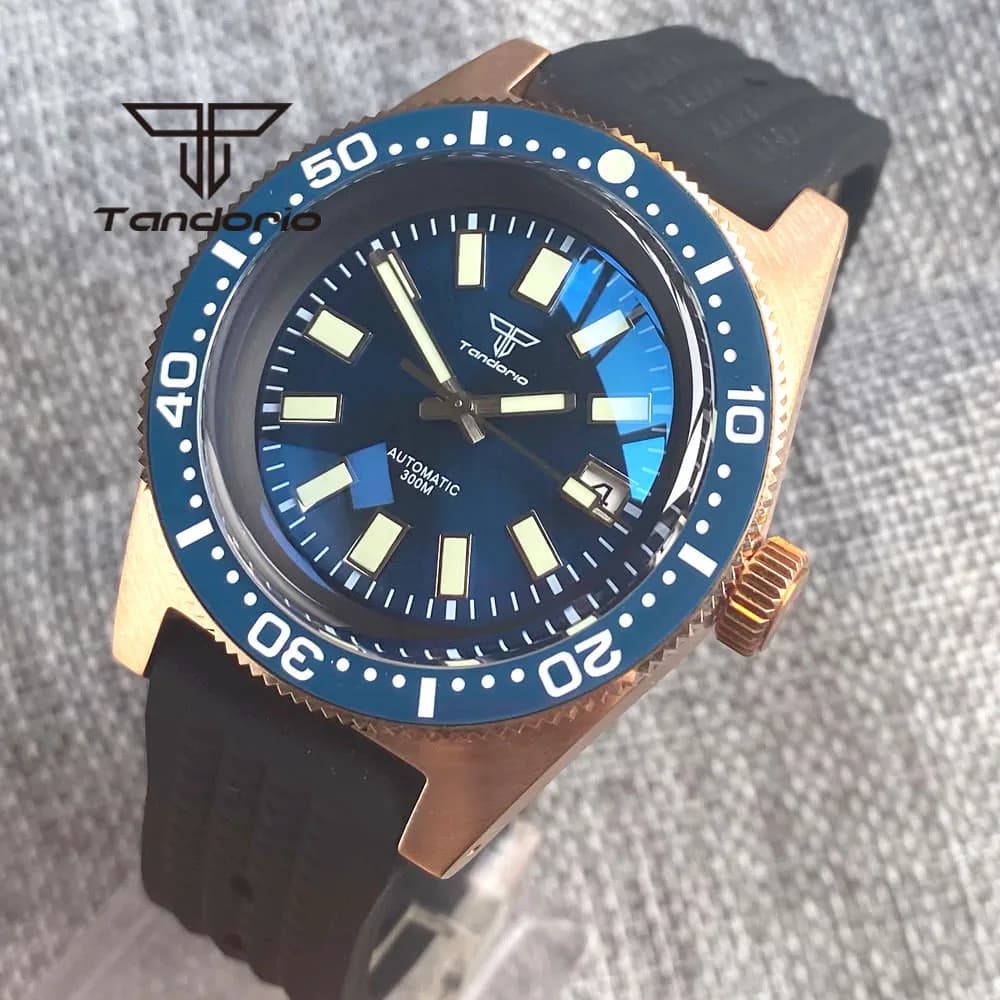 Tandorio 62 MAS clientn8 bronzo massiccio 41mm PT5000 NH35A 30Bar orologio da uomo automatico grigio/nero/blu cinturino in gomma con vetro zaffiro AR