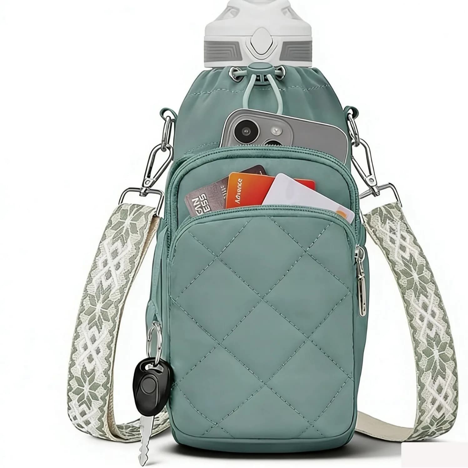 Insulated Water Bottle Crossbody Bag,Aluminum Foil Hydration Bottle Holder, Multi Pocket Cell Phone Purse Outdoor Walking Bag