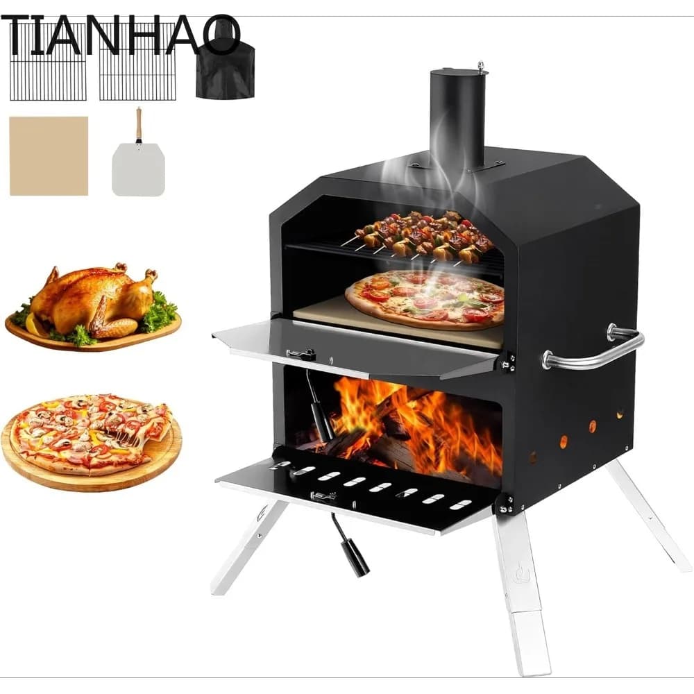 Outdoor Pizza Oven 16'' Large Wood Fired 2-Layer Pizza Ovens with Pizza Stone, Peel, Grill Grate, Oven Cover