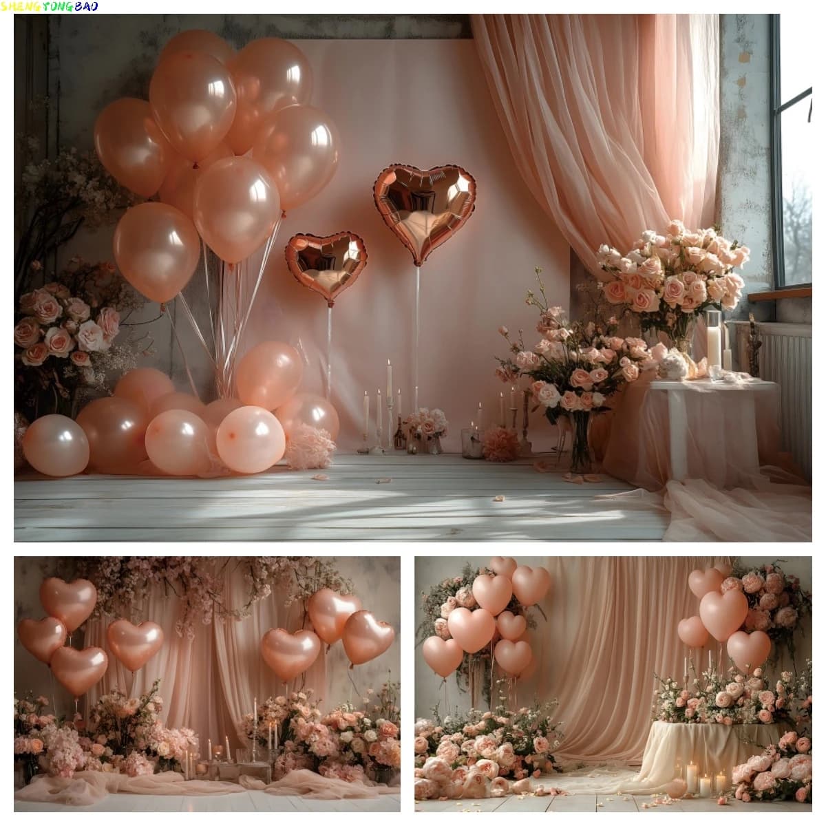 Boho Wedding Party Fondale fotografico San Valentino Tenda rosa Amore Cuore Palloncino Fiori Bridal Shower Sfondo Studio