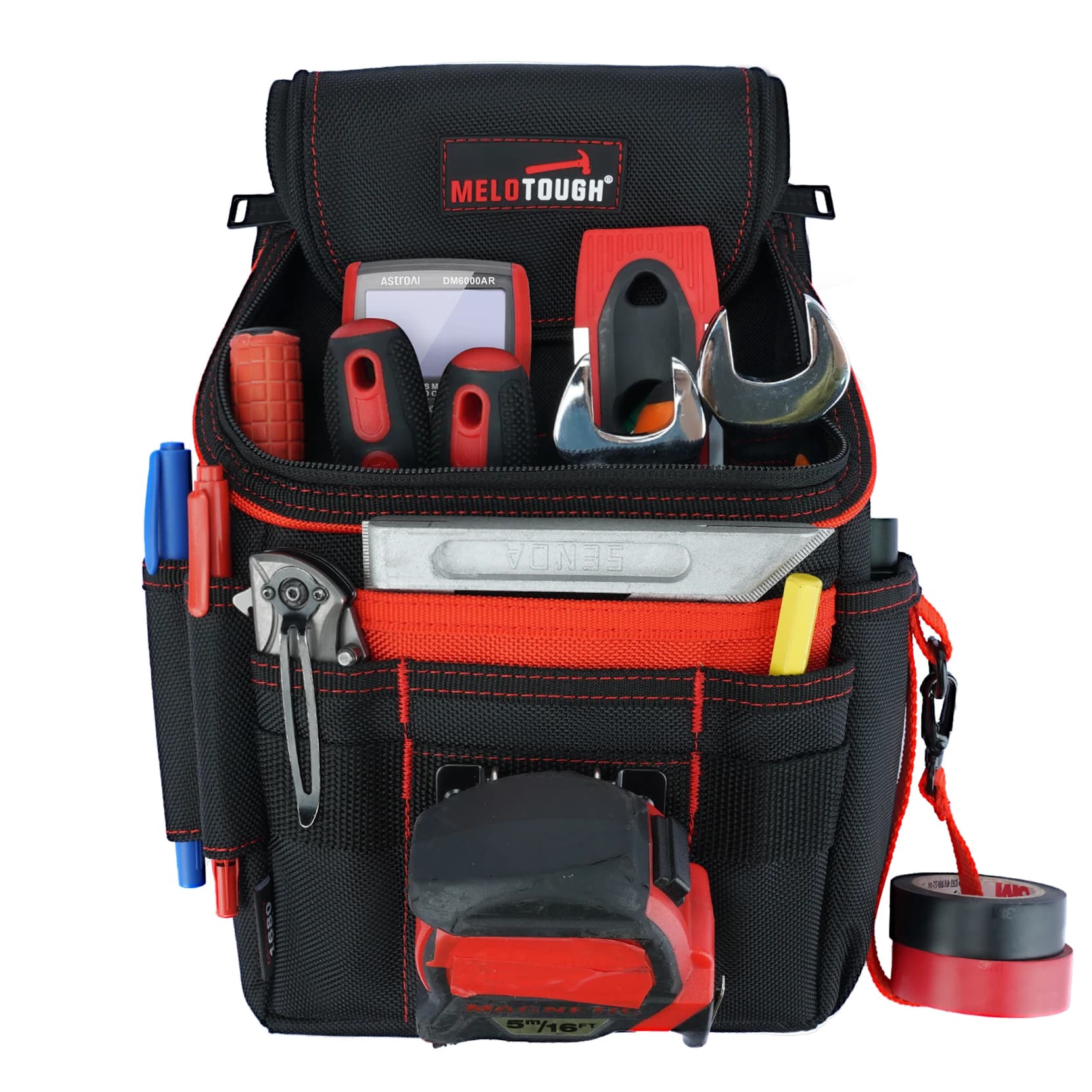 Custodia per attrezzi media con cerniera con clip da cintura, custodia multiuso con cerniera resistente a 16 tasche | Clip per metro a nastro e cinghia per nastro elettrico