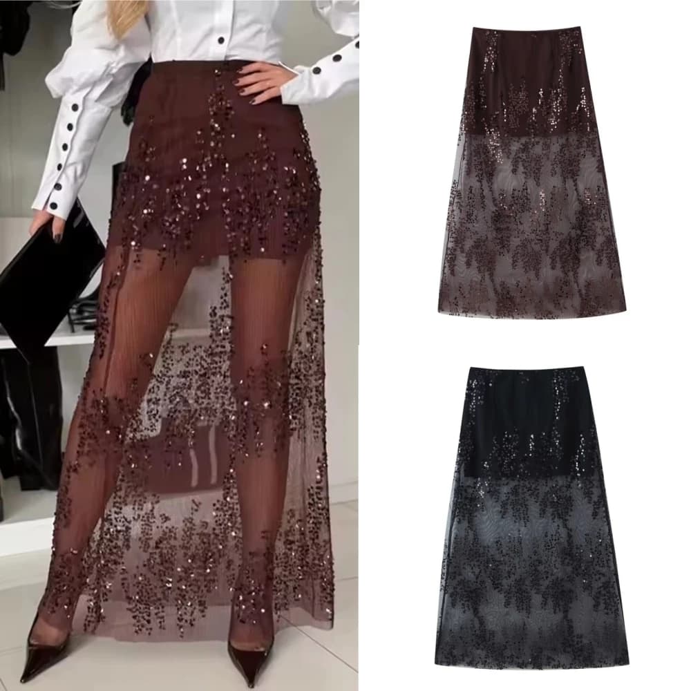 Gonne da donna in rete con paillettes ricamate 2026 New Chic Zip-up Marrone Gonne lunghe da festa Primavera Nuove donne Sexy Club Gonne da sera