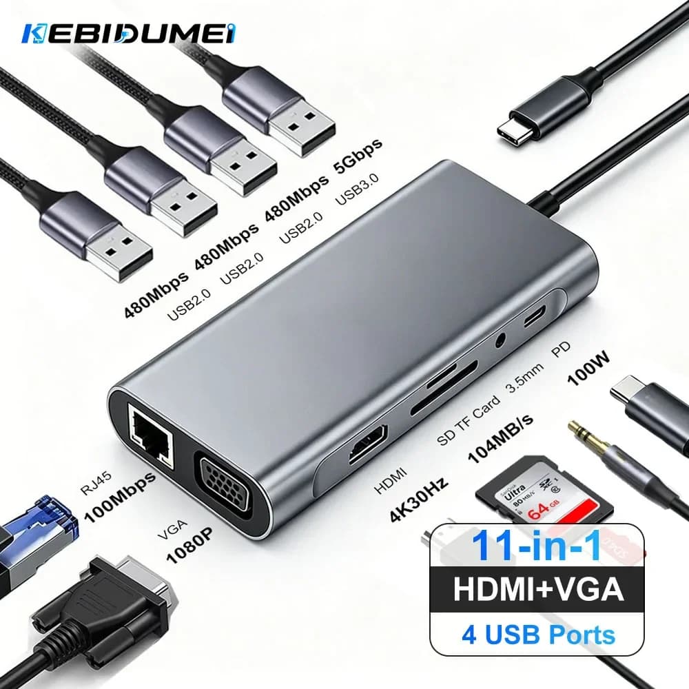 KEBIDUMEI HDMI VGA Dual Video Output USB C HUB 11 in 1 Splitter with RJ45 USB3.0 PD 100W Docking Station for Laptop MacBook Pro