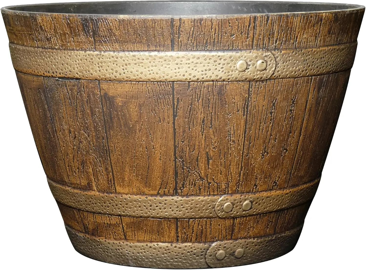 Vaso Vintage in Resina Effetto Barile di Quercia Marrone - Resistente alle Intemperie per Piante da Interno ed Esterno (38 cm, Confezione da 1)