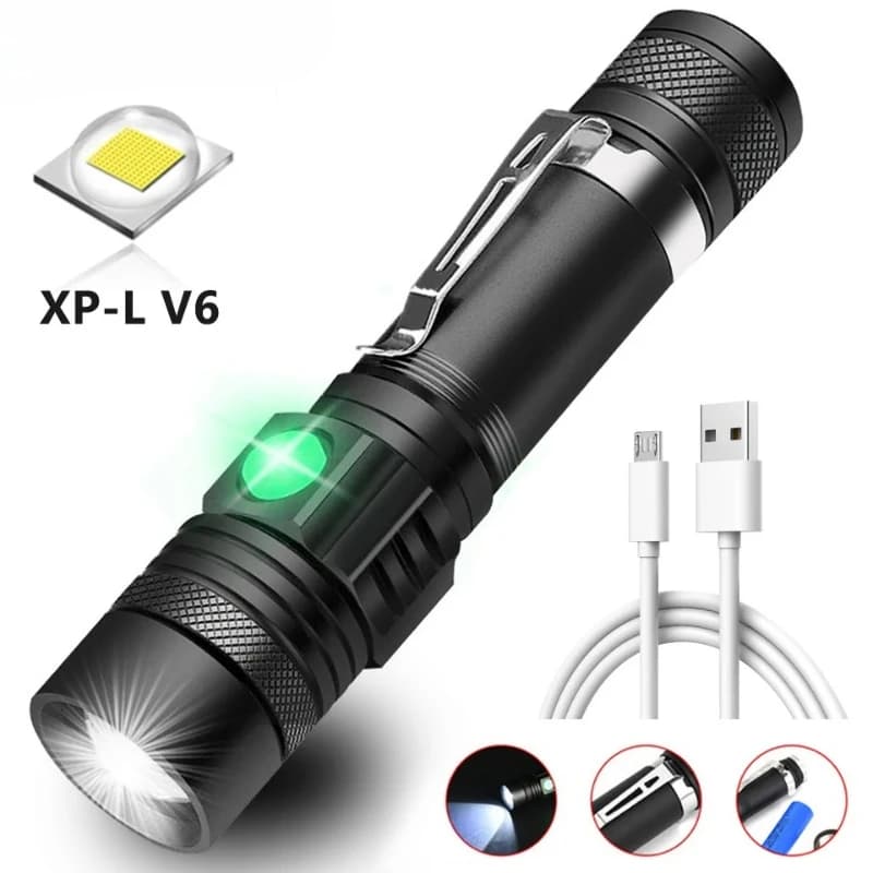 1000LM Type-C LED Flashlight Rechargeable Waterproof Zoom Lamp T6 Tactical Flashlight COB Outdoor Camping Light Hiking Cycling
