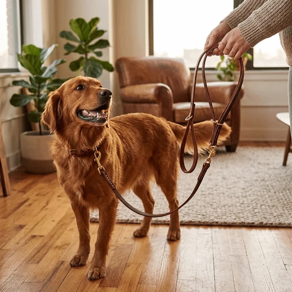 Guinzaglio Doppio per Cani in Vera Pelle con Ganci in Rame, Design 2-in-1, Guinzaglio Bidirezionale, Lunghezza Estesa 2,3 Metri