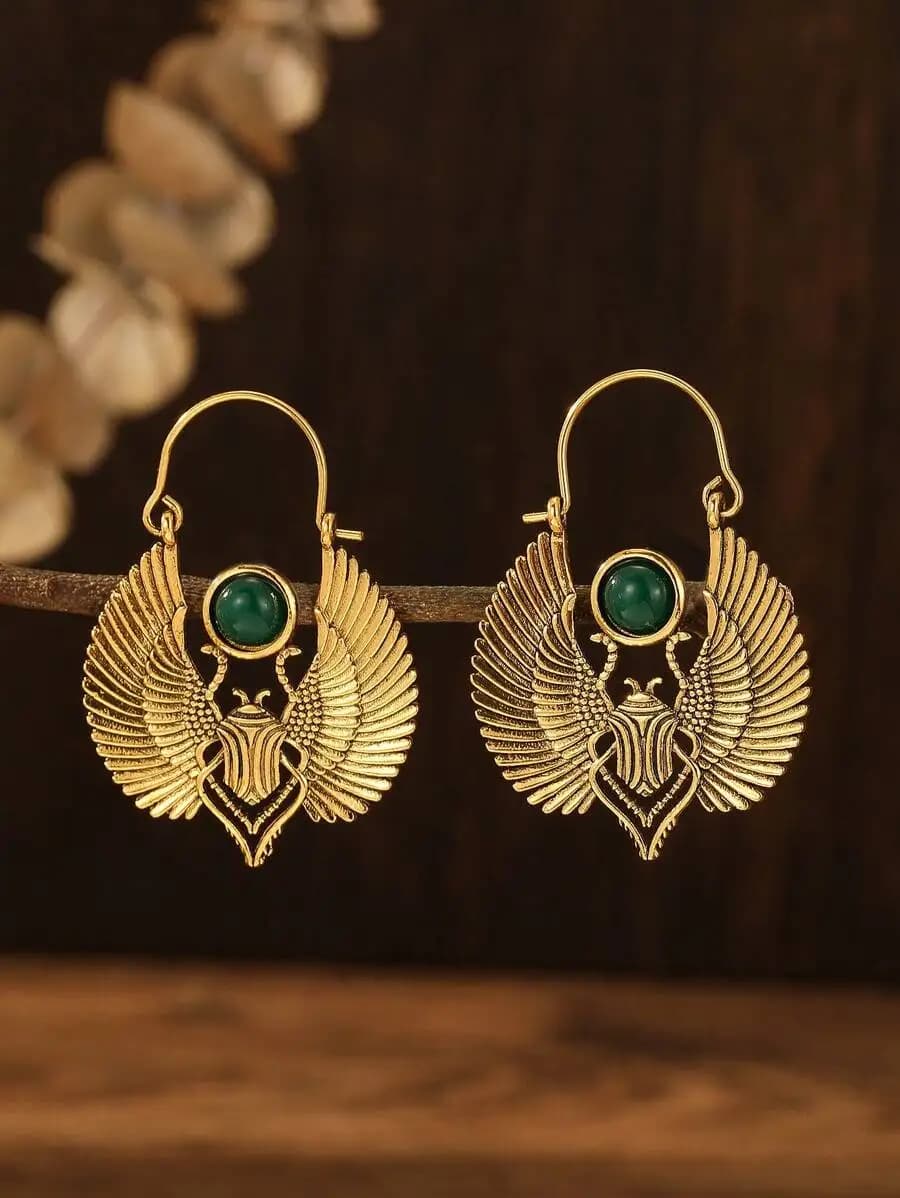 Winged Scarab Beetle Earrings With Green Stone For Women
