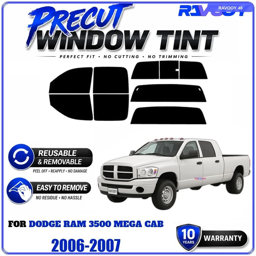 RAVOOY Precut Window Tint, Reusable Removable EPU Film, Custom Fit for Dodge Ram 3500 Mega Cab 2006-2007, UV Heat Protection