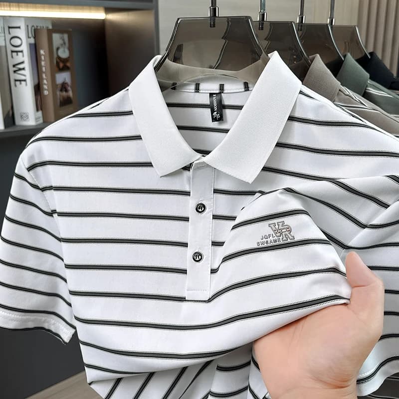 High end brand men's short sleeve polo shirt fashion letter embossed business casual summer breathable luxury striped T-shirt