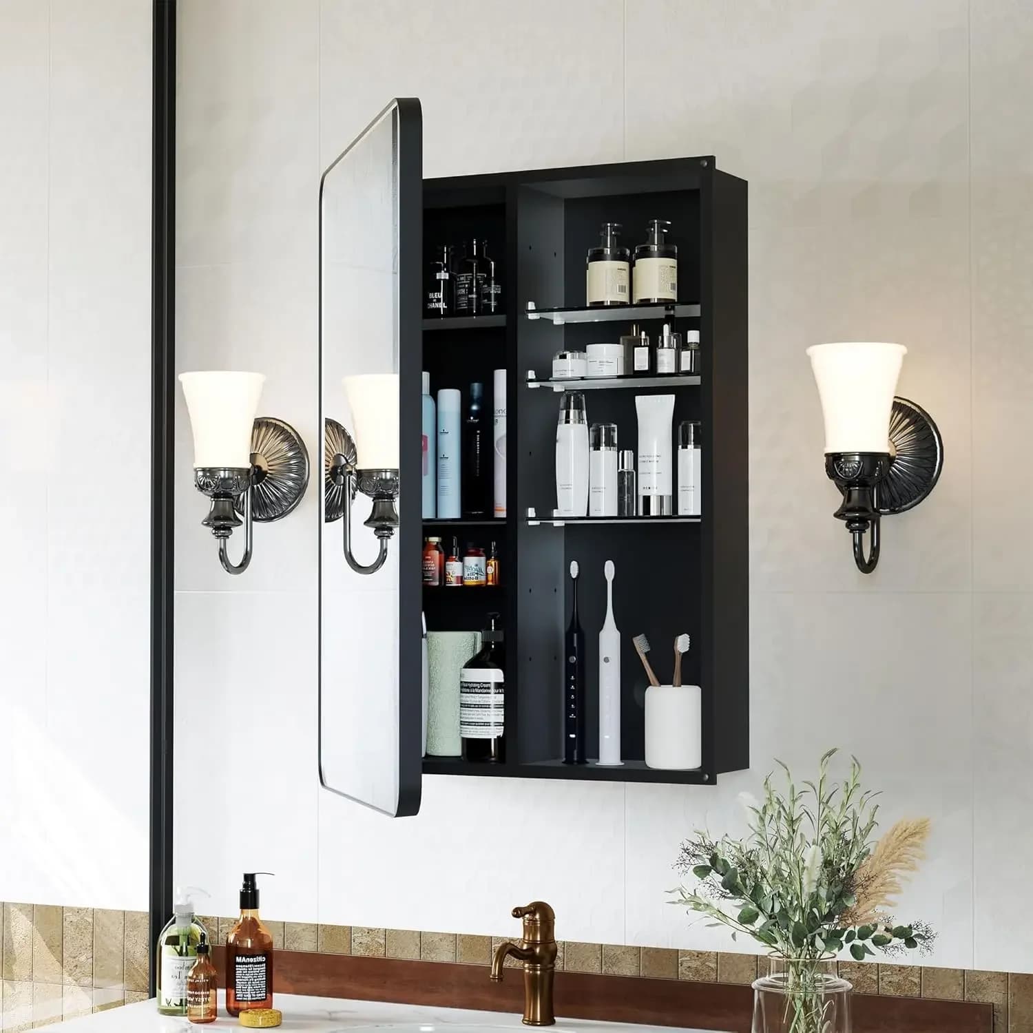 Armadietto Portamedicinali 16x24 Pollici, Armadietto a Specchio per Bagno in Alluminio Nero Opaco con Vano Portaoggetti, 6 Ripiani in Vetro Regolabili, Antiruggine