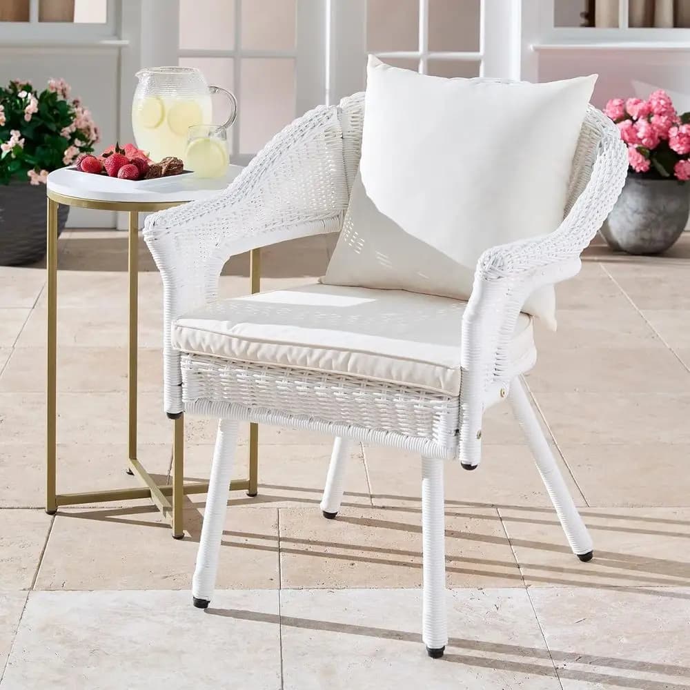 Outdoor Weather Resistant Roma Hand-Woven Resin Wicker Stacking Chair + ree Seat & Back Cushions or Home, Backyard, Deck, Patio