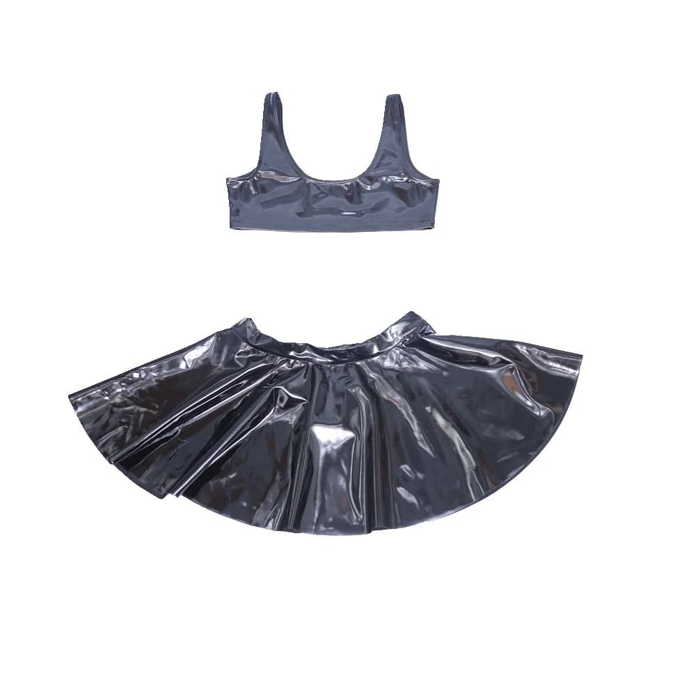 Women Lady Sexy Top Vest Customized Short Skirt Pleated Faux Leather Glossy Black Stylish