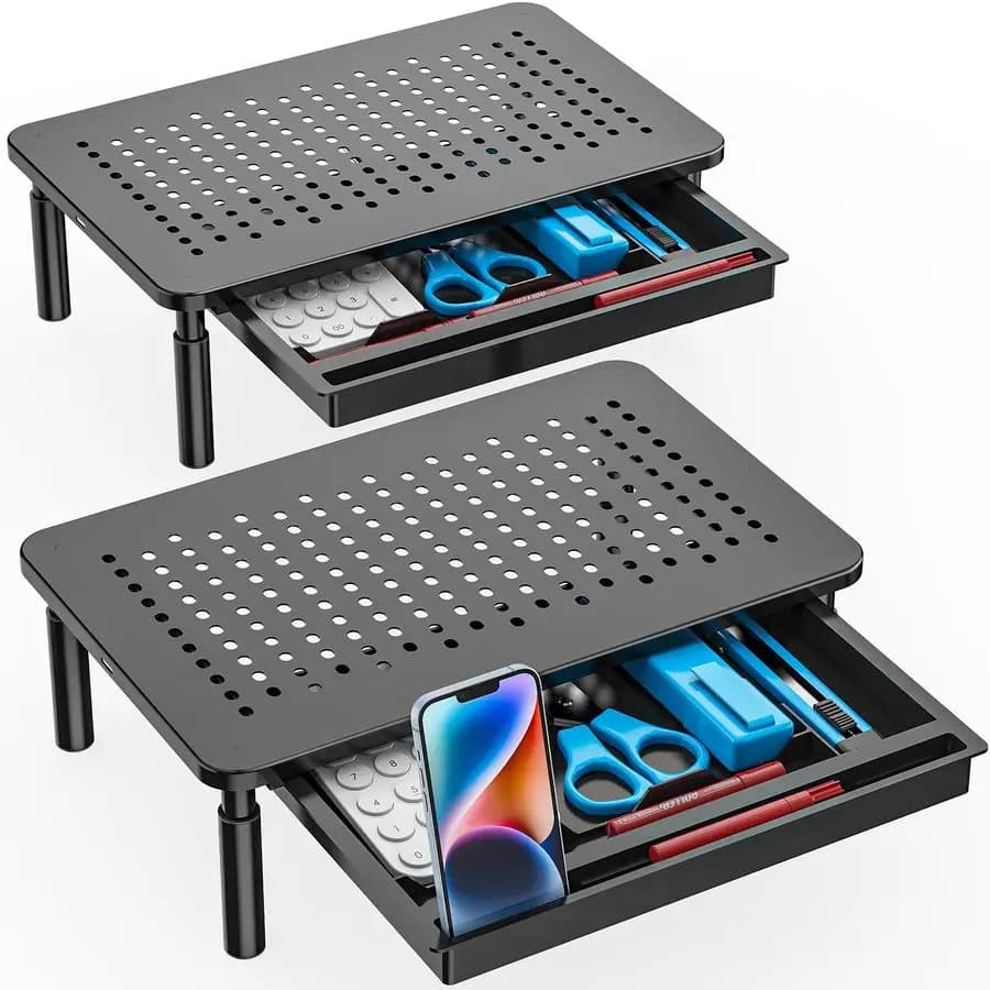 Dual Monitor Support with Vano Storage, Desk Monitor Stand Adjustable in 3 Heights, Laptop Support with Cooling Fan, Computer Desk Organizer