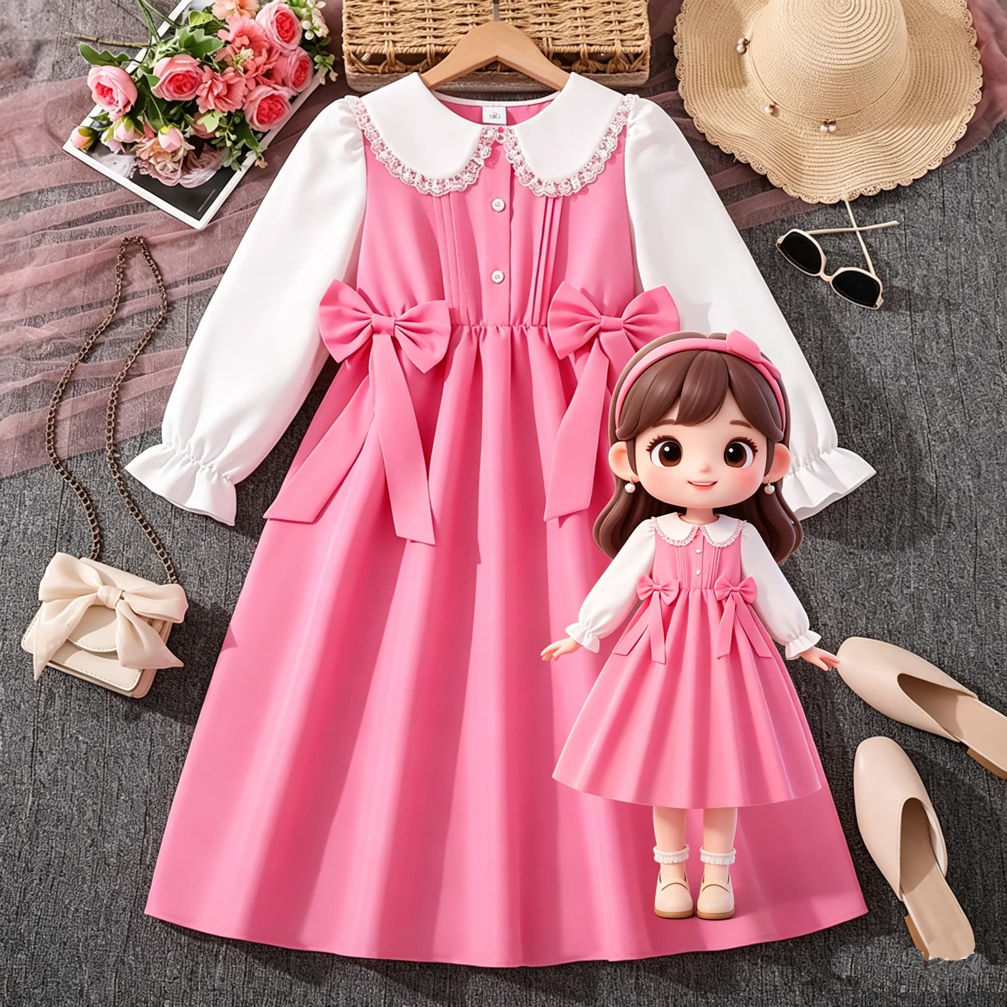 Girls 8‑12Y Pink Faux Two‑Piece Dress, Lace Peter Pan Collar, Puff Sleeve, Double Bow Waisted Sweet Princess Outfit