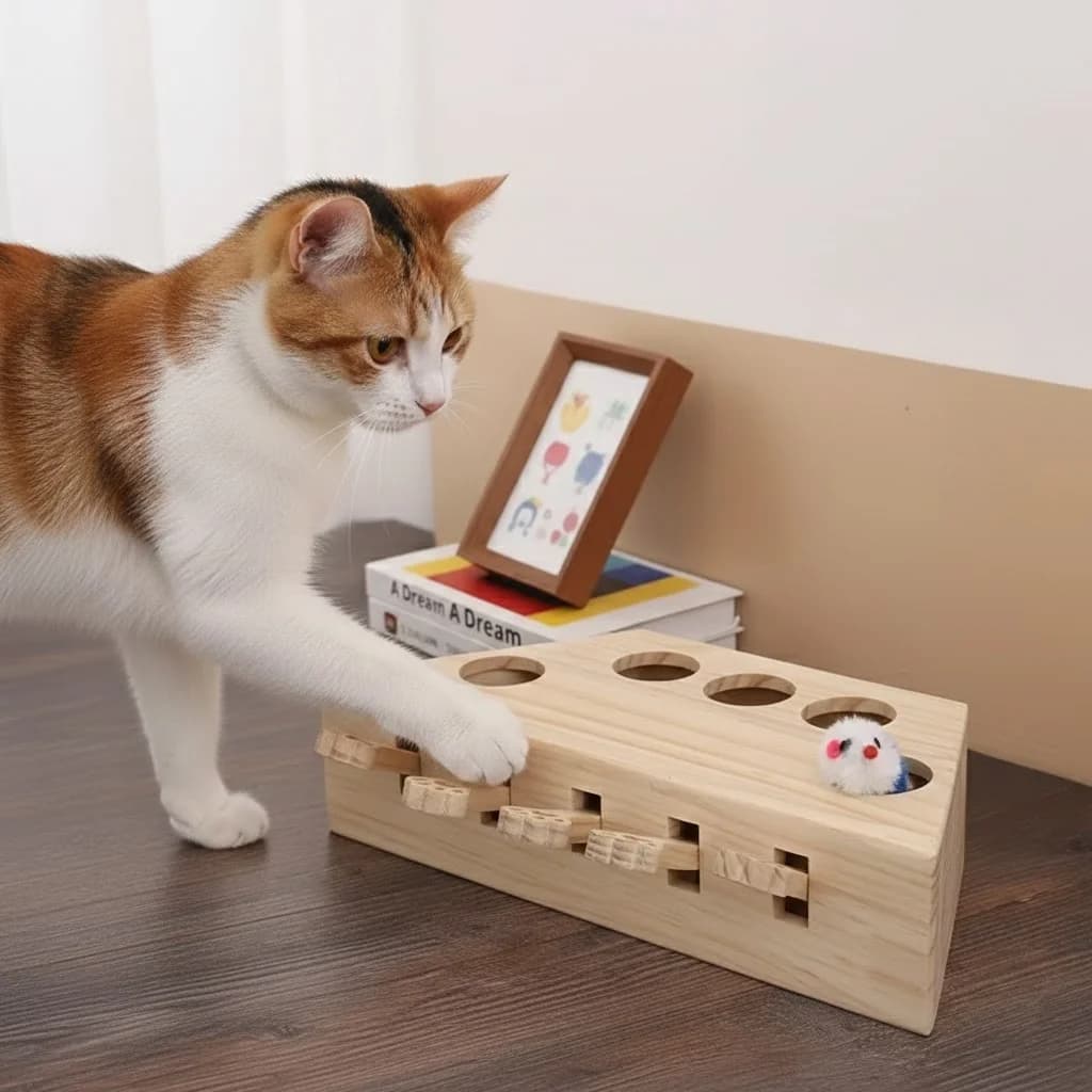 Giocattolo per Gatti in Legno: Interattivo con Tiragraffi e Cuccia - Intrattenimento Autonomo per Alleviare la Noia e il Gioco, Senza Batterie