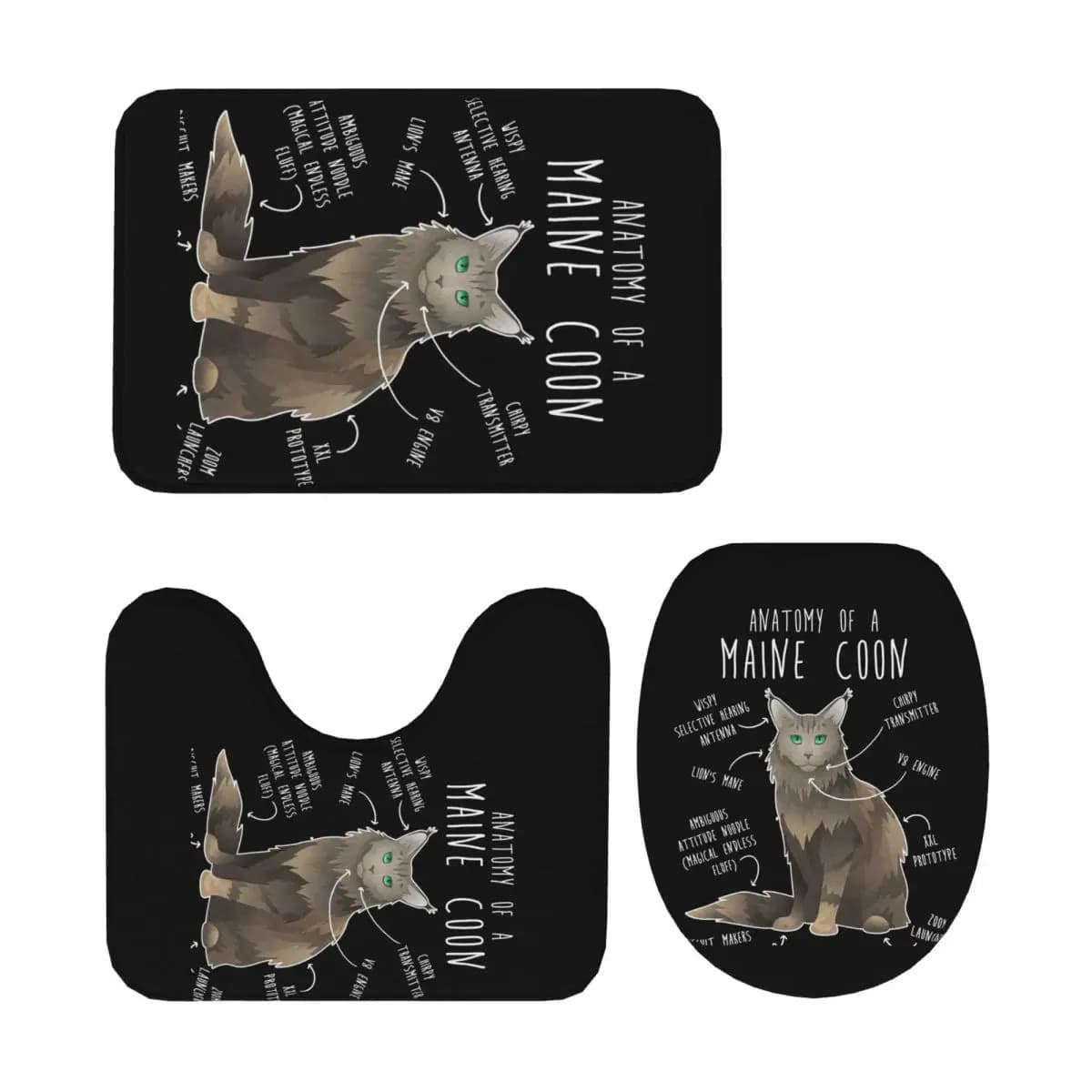 Maine Coon Cat Anatomy 7 Tappetino da bagno da 3 pezzi Set da bagno Copri coperchio per WC Decorazioni per la casa Tappeto antiscivolo