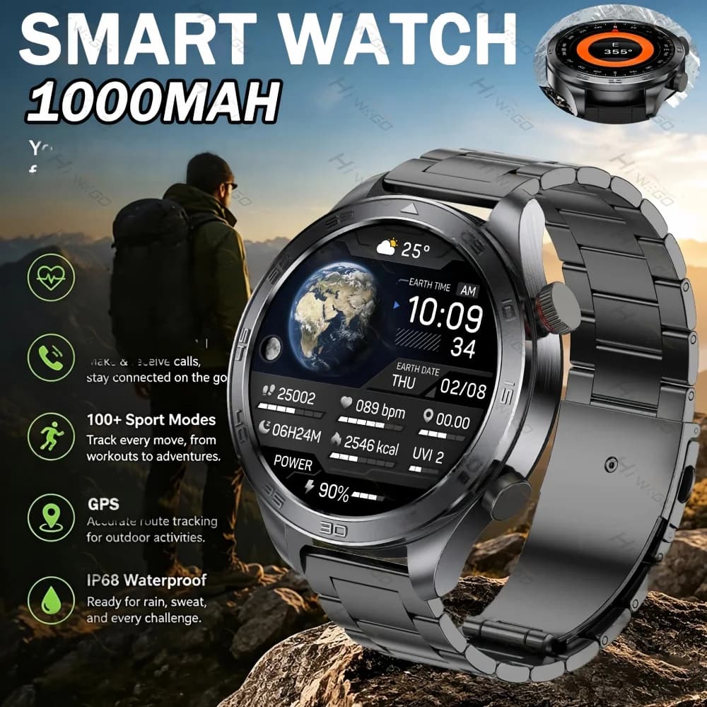 GPS Track Smart Watch AMOLED Screen Always Show Time Sports Fitness Heart Rate IP68 Waterproof Compass Call 2026 New Smartwatch