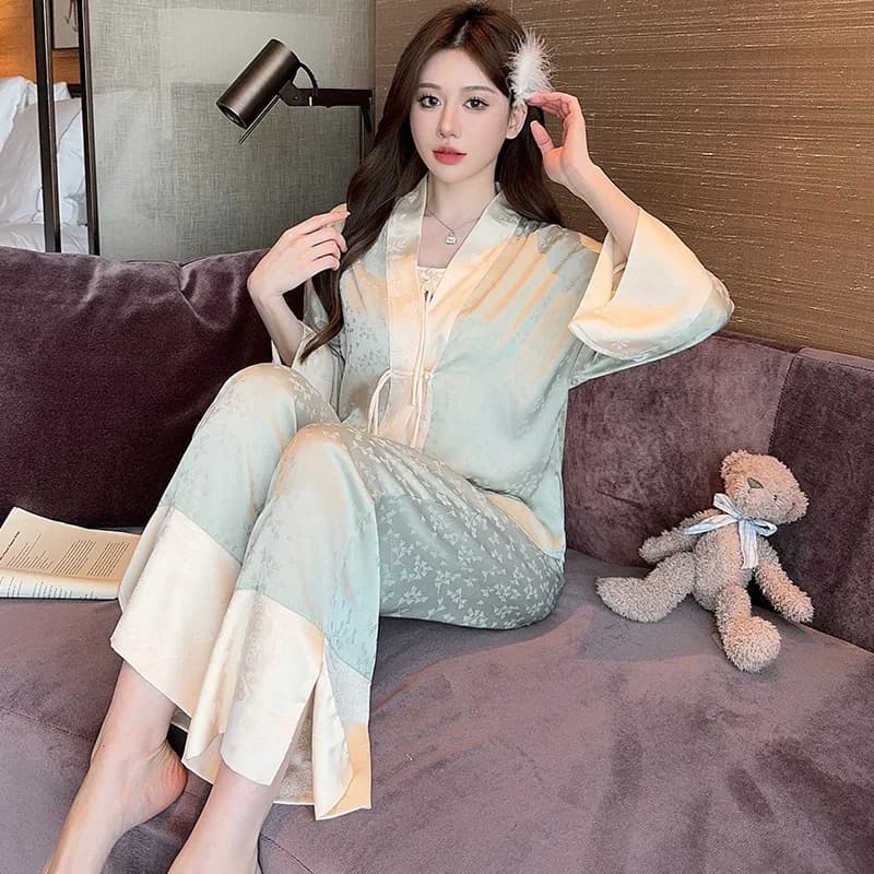 Women's Pajamas Set Silk Satin Sleepwear 3 Piece Suit Pyjama Femme Nightwear Loungewear For Spring Autumn Home Wear Clothing