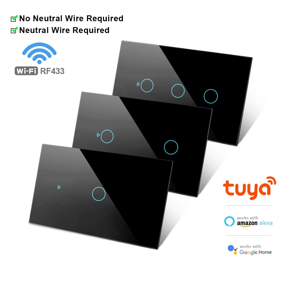 Tuya US WiFi Smart Interruttore a parete RF433 1/2/3/4 Gang Nessun cavo neutro Sensore tattile Interruttori della luce a LED Smart Home Alexa Google Home