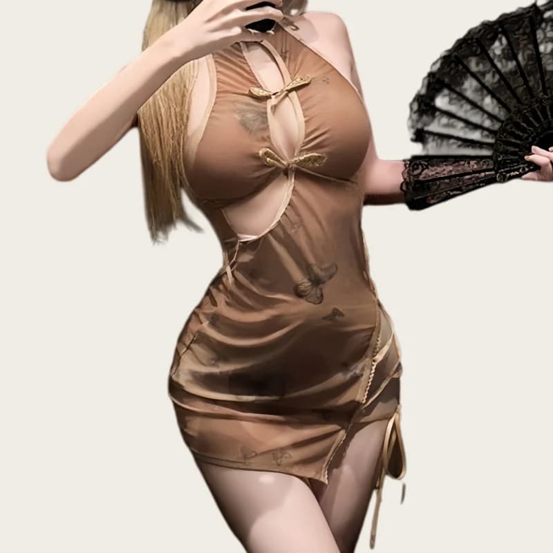 Backless Slit Wrapped Hip Skirt Temptation Flirtatious New Chinese Style Perspective Erotic Lingerie Straps Printed Cheongsam