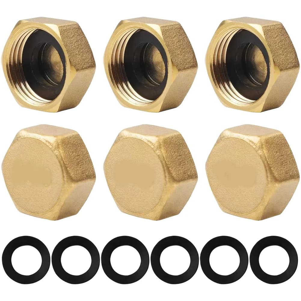 Set di 6 Tappi Esagonali in Ottone Filettati per Tubi e Valvole da Giardino Compatibili con 1/2, 3/8, 3/4 Pollici