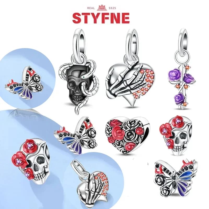 Silver-Plated Purple Rose Charms Beads Fit Original Bracelets Bag Keychain Earring Charms Beads Pendant Diy Women Jewelry Gift
